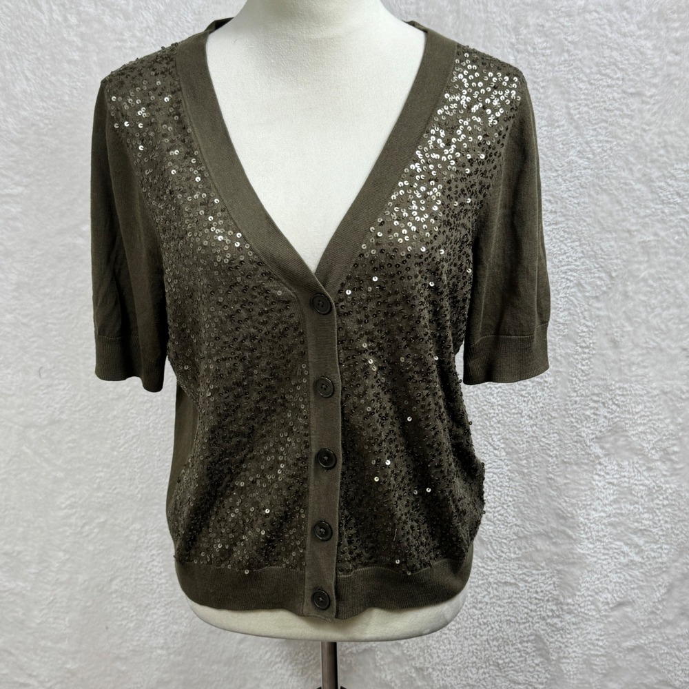 TALBOT Cardigan V-neck, Button Up Blouse Sequin Embellished Olive Short Sleeve L
